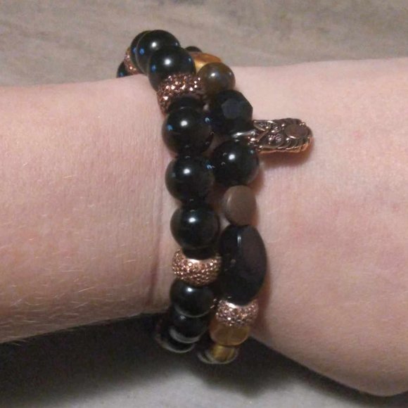 Set of 2 Black Tourmaline, Black Jasper and Tigers Eye Bracelets - Picture 3 of 5